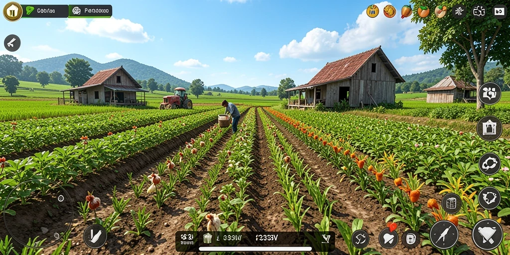 Tampilan gameplay 333V yang menampilkan lahan pertanian yang subur.