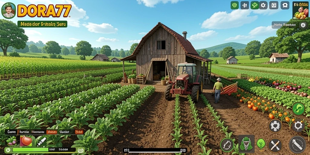 Screenshot gameplay DORA77 menampilkan atmosfer pertanian yang cerah.