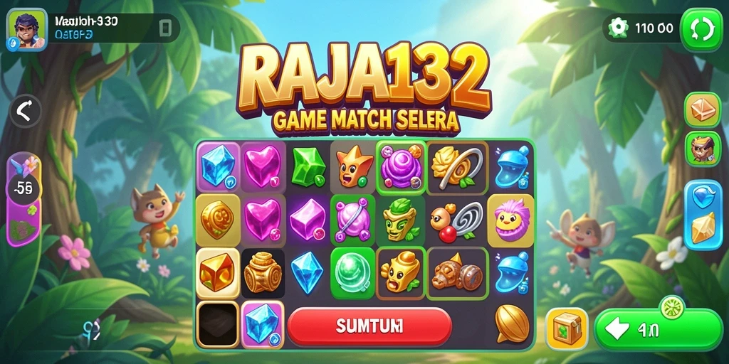 Tampilan gameplay RAJA132 dengan objek berwarna-warni dalam permainan match-3.