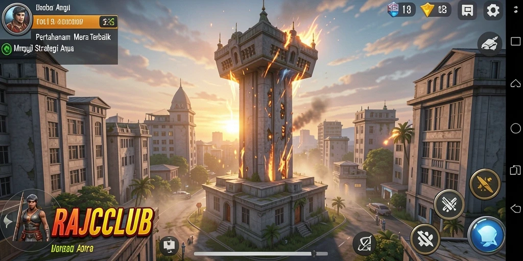 Screenshot menampilkan gameplay menara pertahanan yang intens dan penuh aksi.