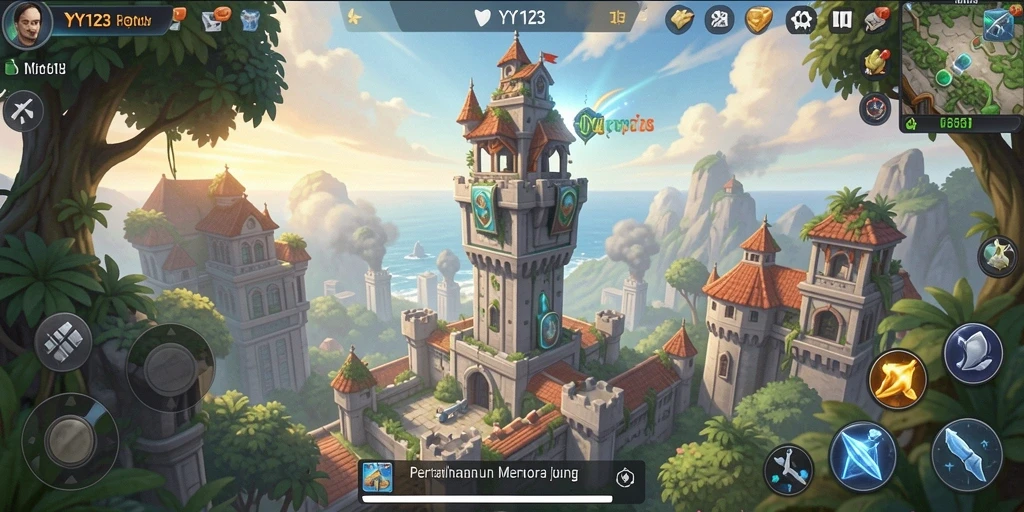 Screenshot gameplay YY123 menampilkan pertahanan menara yang intens dan serangan musuh.